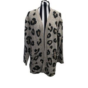 Leopard Print Cardigan Sweater Sz XL Pockets  Open Front Modern Canvas Animal